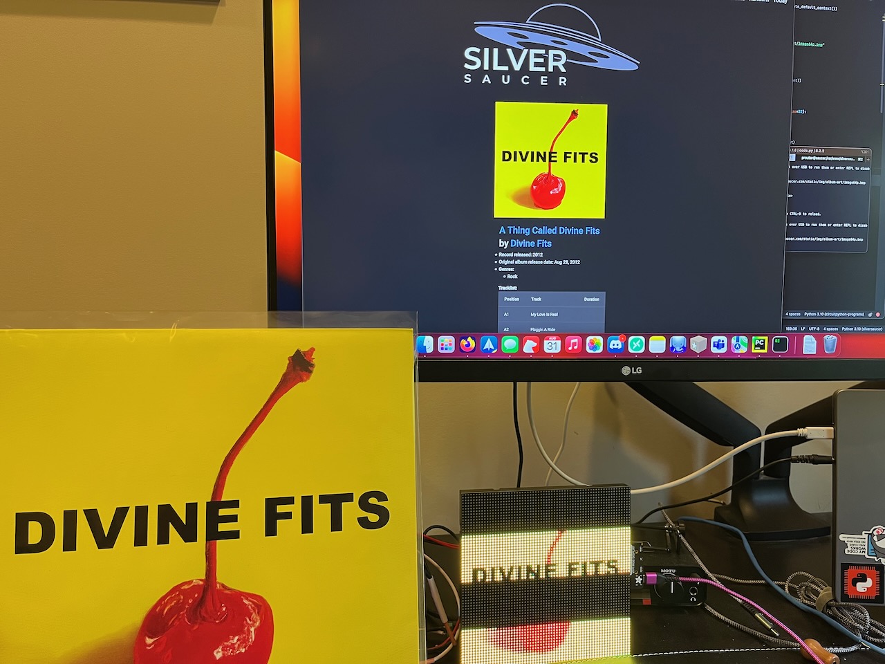 An album by Divine Fits, showing the album sleeve, the art on a computer screen and the same image on an RGB Matrix